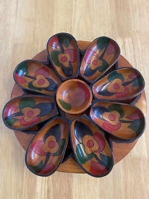 £65 • Buy Large Floral, Hand Painted, Vintage Carved Wooden Lazy Susan Mid Century