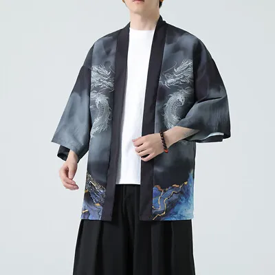 Mens Retro 3/4 Sleeve Kimono Dragon Pattern Cardigan Japanese Yukata Daily Chic • £25.56