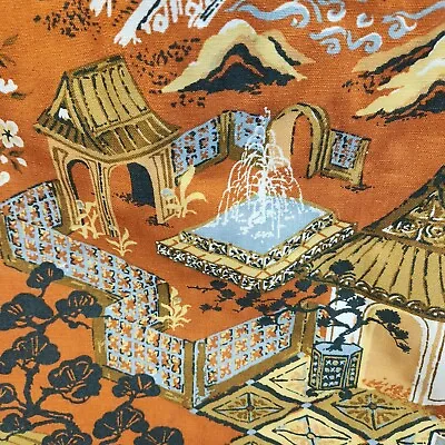 Vtg Chinoiserie Asian Fabric Toile Screen Print Cotton Orange Mid Century 54x 2y • $39.88