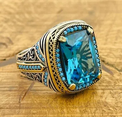 Men Silver Ring Blue Aquamarine Gemstone Ring 925K Mens Jewelry All Sizes • $57.75