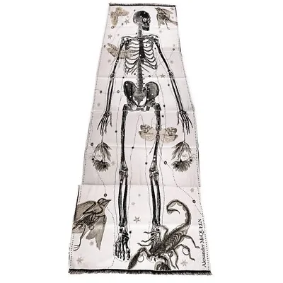 NEW $915 ALEXANDER MCQUEEN White FULL SKELETON ZODIAC Skull BUTTERFLY Wool SCARF • $1017.25