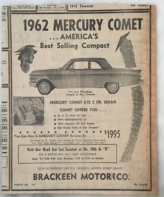 1962 Newspaper Ad For Mercury Comet - S-22 2-dr. Sedan List Of Comet Features • $4.95