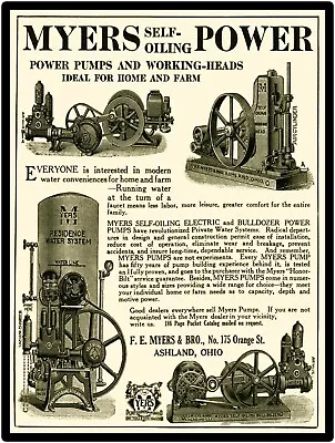 1917 F.E. Myers & Bro. New Metal Sign:  Myers Self Oiling Pumps Ashland Ohio • $19.88