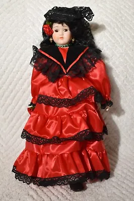 VTG Spanish Flamenco Dancer Doll 13  Red Dress Black Lace Trim Veil Christmas • $22.49