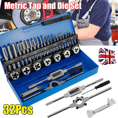 32pcs Tap And Die Set Wrench Metric Thread Cuts M3-m12 Bolts Engineers Tool Kit • £21.95