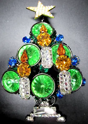 LAWRENCE VRBA Blue & Green Rhinestone Christmas Candle Tree Pin Brooch • $399.99