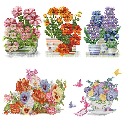 £4.44 • Buy Flowers Cross Stitch 14CT Stamped Printed Canvas DIY Embroidery Needlework