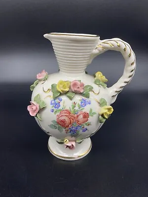 Antique Dresden Capodimonte Porcelain Pitcher Gold Accents Ribbed Neck Marked • £55