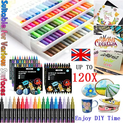 22-120Colours Permanent Acrylic Marker Pens Set Dual Tips Coloring Rock Painting • £2.95