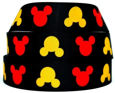 Grosgrain Ribbon 3/8  7/8  & 1.5  Cartoons Mickey Mouse Heads Printed On Black. • $0.99