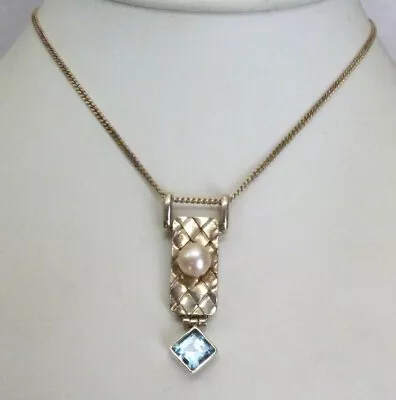 Sterling Silver Modernist Quilted Motif Pearl Blue Topaz Pendant Chain Necklace • $15