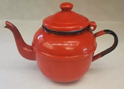 Vintage Enamel Small Red Teapot White Interior Goose Neck Handle • $28.80