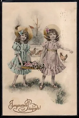 BM175 VIENNE Style Easter Paques COUPLE Of GIRLS HEN FLOWERS 1912 • £8.66