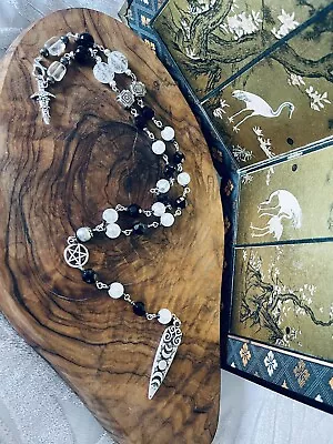 Hecate Dark Goddess Rosary Wicca Pagan Witch Quartz & Obsidian Stone Magick • £11.99