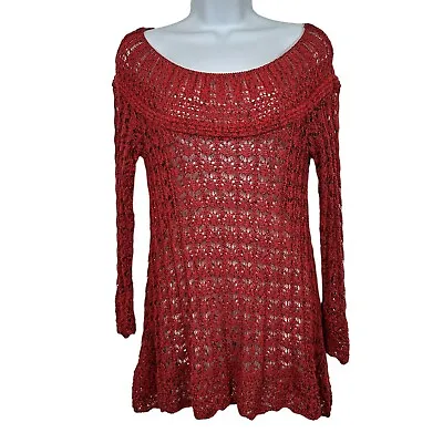 Vintage America Small Womens Sweater Crochet Rust Black Long Sleeve Boho Peasant • $16.20