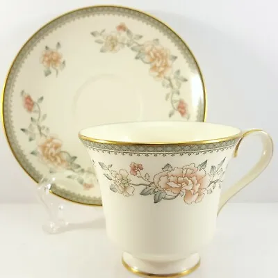 Minton Jasmine Footed Cup And Saucer 6 Oz Ivory Bone China Pink Floral • $18