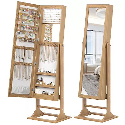 Jewelry Cabinet Full-Length Mirror Lockable Jewelry Armoire W/ 6 Lights Natural • $119.99