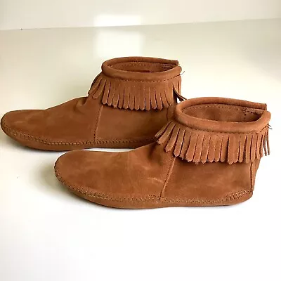 NEW Minnetonka Sz 8 Dusty Brown Suede Leather Soft Sole Fringe Moccasins • $39