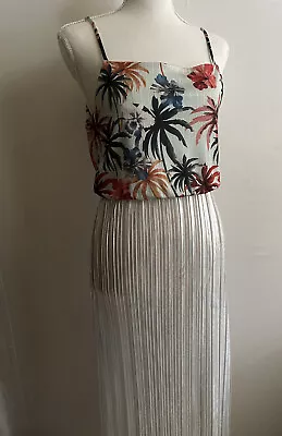 Zara Trafaluc Silver Metallic Pleated Floral  Tropic Dress Size Small • $39