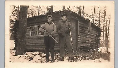 MICHIGAN HUNTING SHACK Real Photo Postcard Rppc Winter Log Cabin Hunter Antique • $20