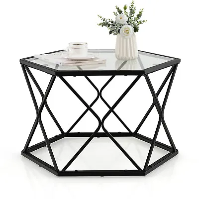 Giantex Coffee Table W/ Geometric Glass Top Steel Metal Frame Modern Living Room • $79.95