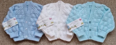 £9.50 • Buy Hand Knitted Baby Boy's 0-3 Months Jacket Style Cardigan In Blue, White Or Aqua
