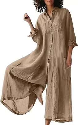 Women Linen Button Down Long Sleeve Wide Leg Jumpsuit Beach Palazzo Pants • £25.14