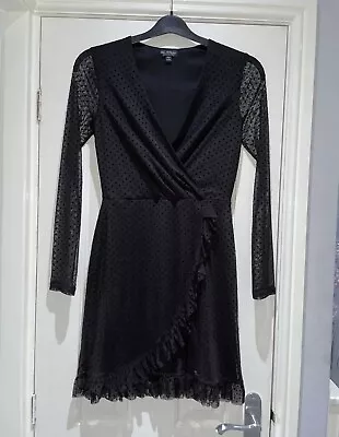 Miss Selfridge Black Lace Mesh Polka Dot Wrap Frill Mini Dress Size 10 LBD Party • £12.99