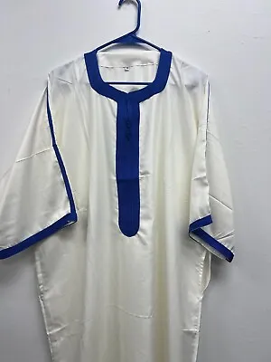 Men's Moroccan Djellaba 3/4 Sleeve Thobe Handmade Arab Dishdasha White/Blue • $54.99