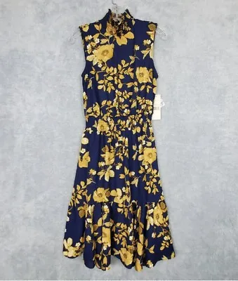 NWT $138 Nanette Lepore Womens Floral Dress Size 2 Navy Blue Gold Sleeveless • $29.99