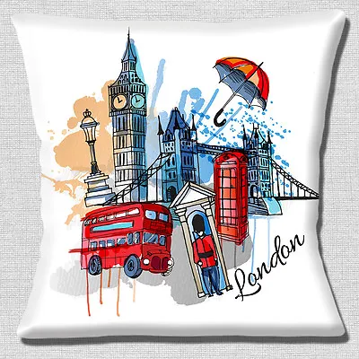 London Icons Cushion Cover 16x16 Inch 40cm Big Ben Red Bus Tower Bridge Artistic • £10.95