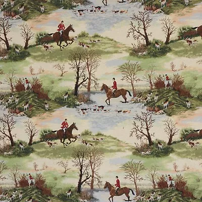 The Hunt Tapestry Fabric | Woven | Horse & Hounds | Curtains Upholstery Cushions • £1.99