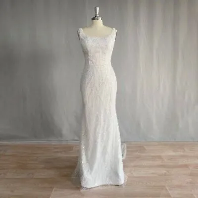  Beading Lace Mermaid Wedding Dress Square Neck Backless Trumpet Shiny Sequined • $396.91