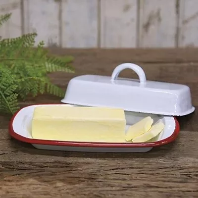 New Enamelware BUTTER DISH COVERED Red White Enamel Farmhouse Retro Vintage • $17.90