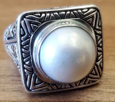 Sterling Silver Detailed Square Mabe Pearl Dome Ring Size 8.75 • $25