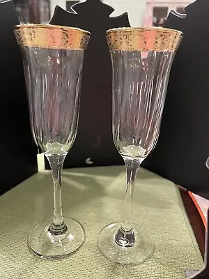 Wine Glasses Set Of 2 Flute Goblets Gold Band Venetian Design • $45