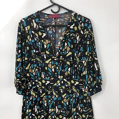 Melissa Masse Dress Plus Size 1x Black Multicolor Faux Wrap Stretchy Made In USA • $24.98