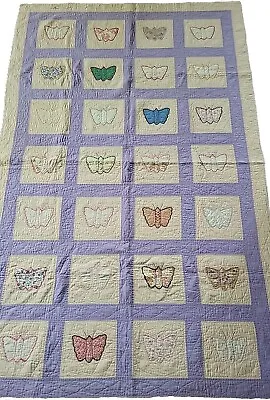 Antique APPLIQUE Girls Patchwork Hand Stitched Butterflies Quilt 1930s 49 ×77.5  • $120