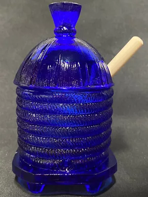 Blue Vaseline Glass Bee Hive Honey Pot Mustard Jar Dipper / Uranium Oxide Cobalt • $19.99