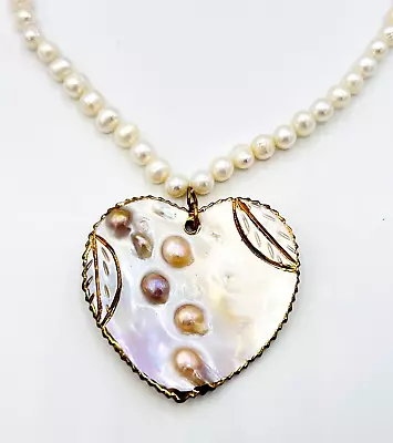 Vintage Mother Of Pearl Blister Pearl Reversible Heart Pendant Necklace • $125