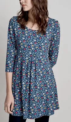 SEASALT Tunic Dress Blue Broach Spire Floral Pattern Top Uk 10 3/4 Sleeve • £22