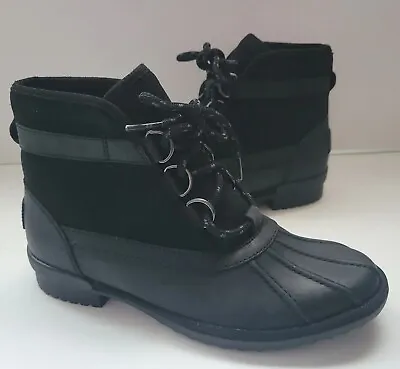 UGG Greda Waterproof Leather Duck Boots Black Sheepskin Women's Size 7 New • $59.99