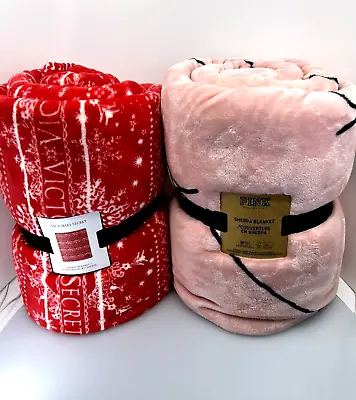 $79 • Buy VICTORIA'S SECRET Sherpa Fleece 2 Pack! Pink & Holiday Blanket Cozy50X60