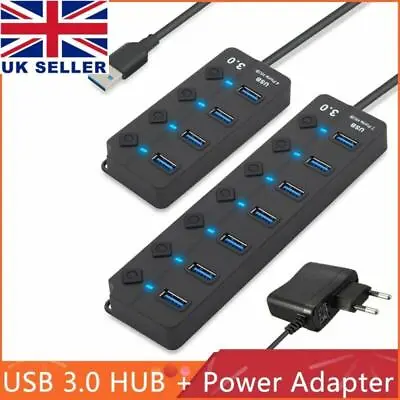 £12.20 • Buy 4/7 Ports Splitter USB 3.0 Hub With Power Adapter On/Off Switch For Laptop PC UK
