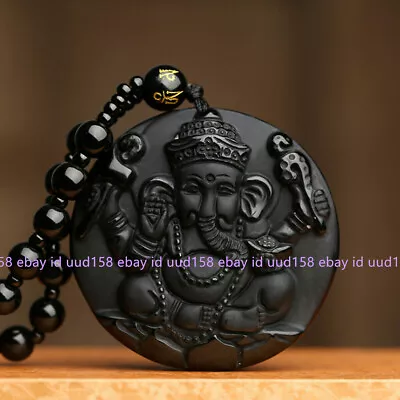 Natural Black Obsidian Hand Carved Ganesha Elephant Pendant Lucky Beads Necklace • $7.09