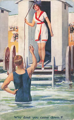 FOLKS IN VINTAGE BATHING SUITS WHY DON'T YOU COME DOWN POSTCARD C1910 102223 S • $7.99