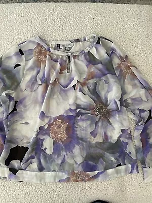 Jennifer Lopez Top Womens L Floral Print Pleated Chiffon Round Neck Flowy  EM3 • $15.50