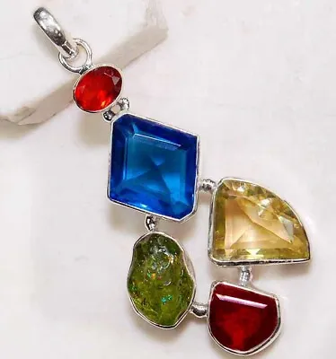 5CT Natural Fire Garnet & Multigemstone 925 Sterling Silver Pendant K13-1 • $11.99