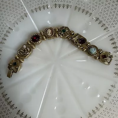 Vintage Victorian Sliding Charm Bracelet Goldette Goldtone Gemstone Jewelry 7” • $10.50
