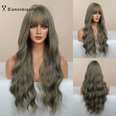 US Natural Long Loose Wavy Curly Wigs Orange Synthetic Hair Wig With Full Bangs • $16.19